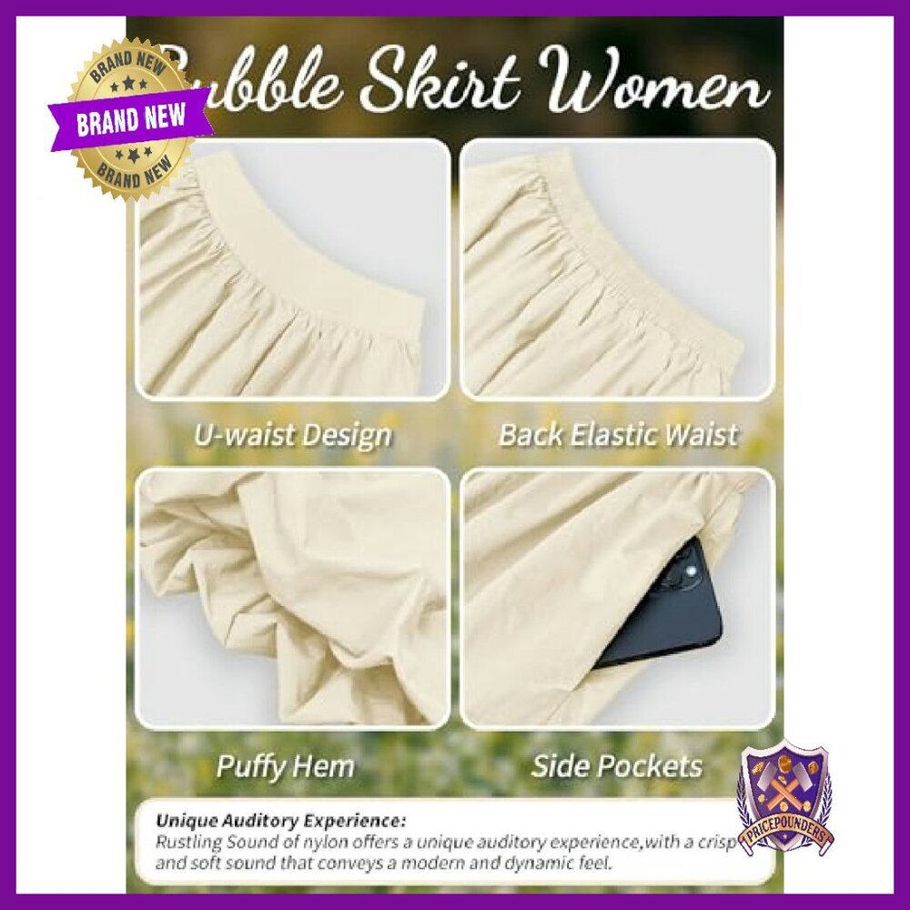 Bubble Hem Maxi Skirt with Pockets, Elastic Waist A-Line - Picture 7 of 8
